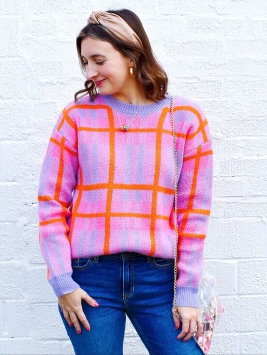 JODIFL Sweaters - JODIFL Boutique - Lilac Plaid Crewneck Sweater